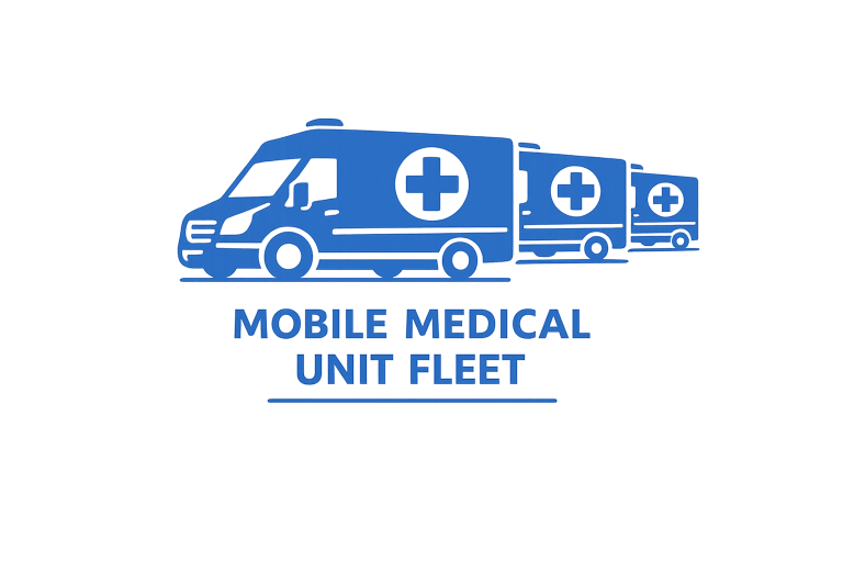 Mobile medical unit fleet illustration, emphasizing on-site health assessments and compliance for UK employers.